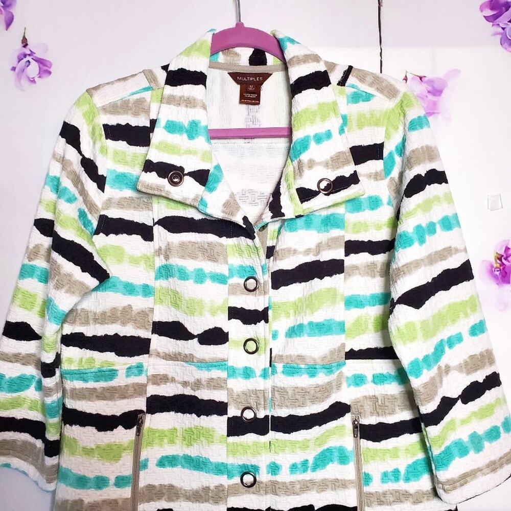 Multiples Textured Stripe Button 3/4 Sleeve Blazer Jacket M - Picture 10 of 10